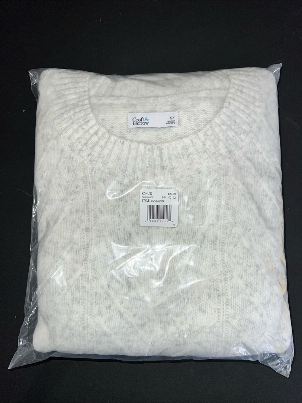 🩶 NWT Croft & Barrow Cable Knit Crewneck Sweater, Women’s 5XL, Light Grey Henley